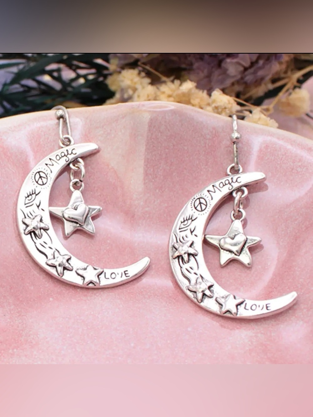Silver Moon & Star Celestial Dangle Earrings Magic Peace and Love